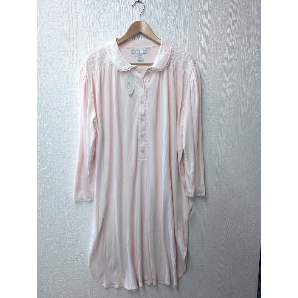 NWT Miss Elaine Cuddleknit Pink Floral Detail Nightgown Cottage Granny Large